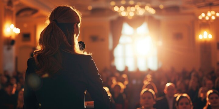 A Woman Confidently Stands In Front Of A Large Crowd Of People. This Image Can Be Used To Portray Leadership, Public Speaking, Or Empowerment