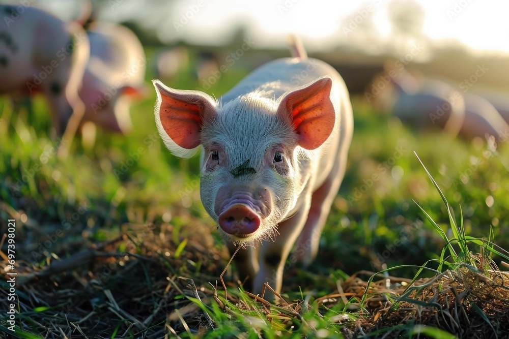 Poster a pig standing in the grass with other pigs in the background. suitable for farm-related projects an