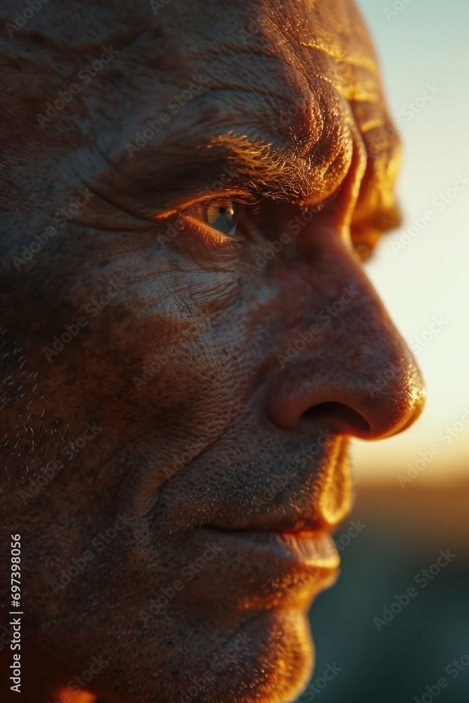 Poster a close-up view of a man's face with a beautiful sunset in the background. perfect for adding a touc