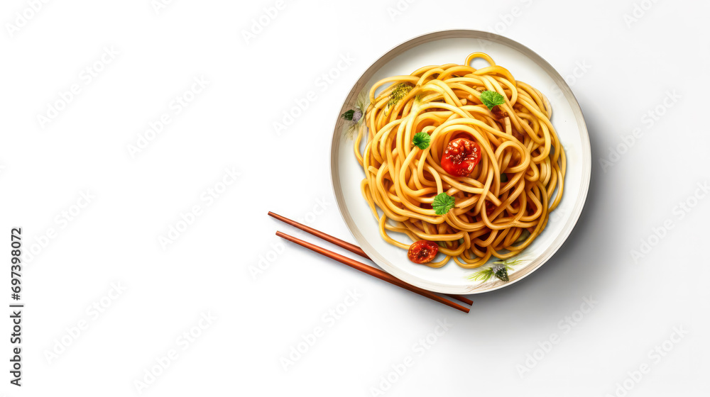 Wall mural Spaghetti adorned with fresh tomatoes, elegantly presented in a white plate - Wall murals