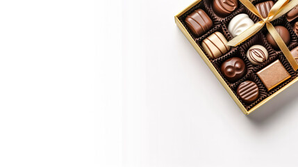 A delightful box of chocolates, elegantly placed against a pristine white background