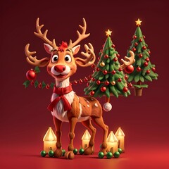 The Christmas reindeer is decorated with a glowing red nose and glowing antlers, radiating a warm and festive aura. On a red paper background
