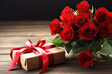 red roses and box on wooden background. A bouquet of red roses and a gift with ribbons on a wooden table close-up for Valentine's Day.