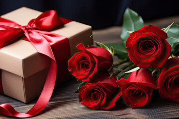 red roses and gift box.A bouquet of red roses and a gift with ribbons on a wooden table close-up for Valentine's Day.
