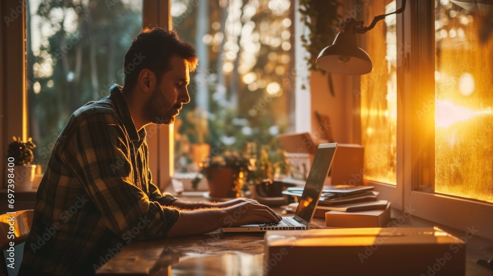 Poster A man sitting at a desk using a laptop computer. Suitable for technology and work-related concepts
