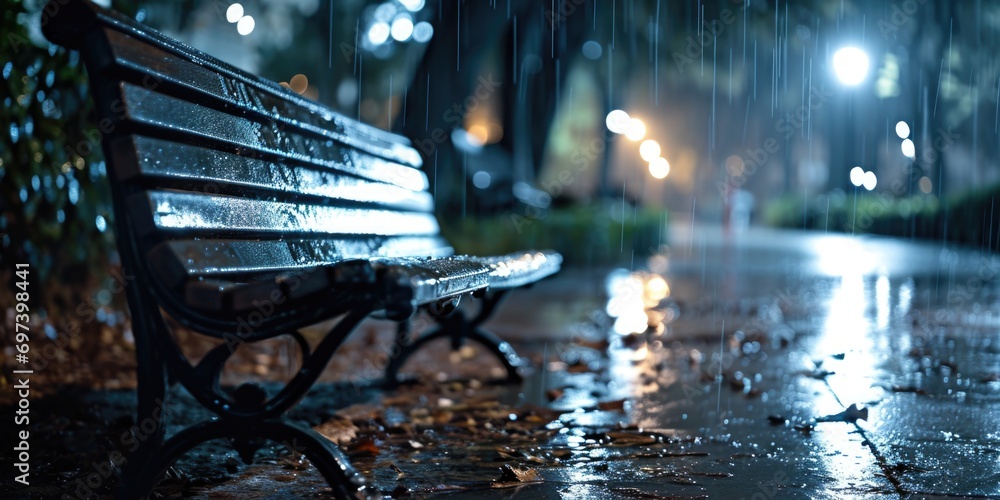 Aufkleber a picture of a park bench illuminated by the rain at night. perfect for adding a touch of mystery an