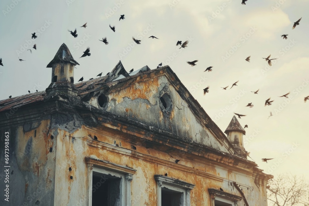 Poster a flock of birds flying over a building. suitable for various nature and urban themes