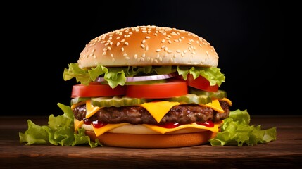Delicious hamburger isolated on black background