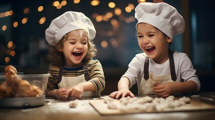 Two young chefs enjoying making cookies in the kitchen