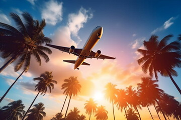 airplane flying above palm trees in sunset sky