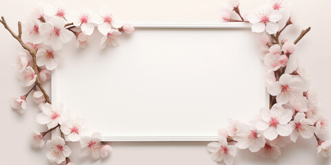 branches of cherry blossoms surrounding a white sheet of paper in form of a frame, with a place for text,on a delicate peach background,a spring banner,a design concept for spring marketing materials
