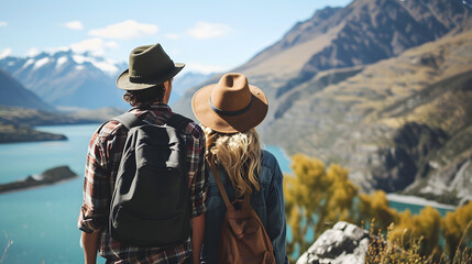 Back View of Adventurous Couple Overlooking Mountain Lake Landscape