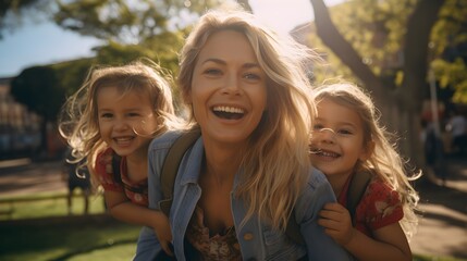 Fototapeta premium Mom gives her children a piggyback in the park all smiling 