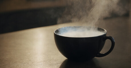 A captivating photo showcasing hot steam rising from a black mug, creating a swirling motion in the air against an isolated background. - obrazy, fototapety, plakaty