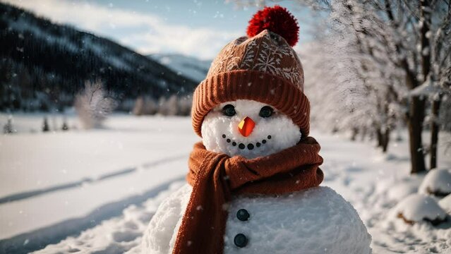 Snowman, Winter Wonderland, Snow, Landscape Scenery, Village, Snowman, Nature Ambience, Outdoor, Snowfall, Snow Falling, Loop Video 4K Background