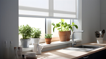 Fototapeta premium Modern Kitchen with Window and Zip Blinds and Plants