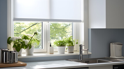 Modern Kitchen Living with Window Shades and Bliands and Plants