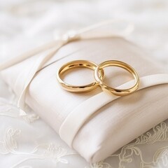 Gold wedding rings on white ring pillow. Wedding banner design with copy space