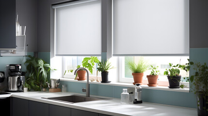 Modern Kitchen Interior in a House with Shades and Blinds and Plants - obrazy, fototapety, plakaty