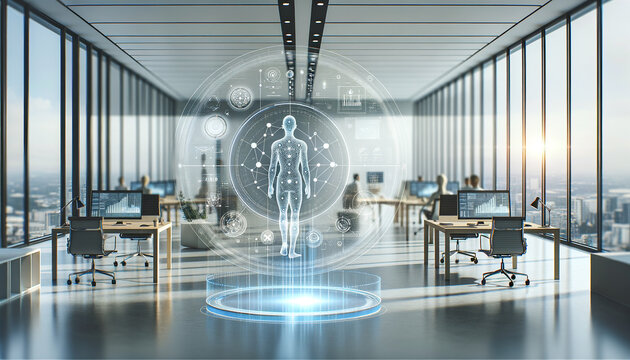 AI Data Mining: Humanoid robot analyzing data on holographic interface in modern office
