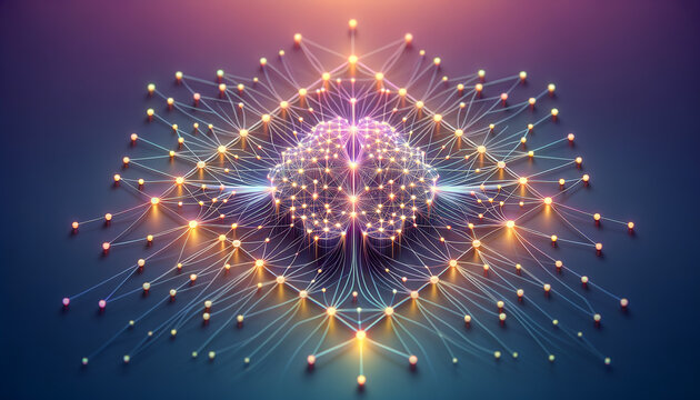 Connected Nodes: Minimalist, photorealistic image of a distributed computing network with AI brain integration.