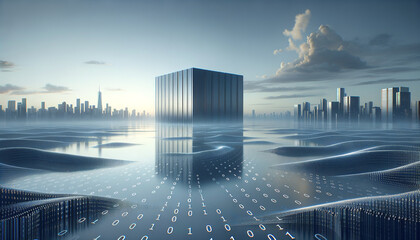Expansive data lake with minimalist skyline and binary code reflections.