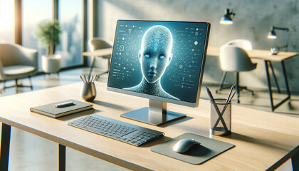 Sleek AI Workspace with Modern Desk and Cutting-Edge Monitor