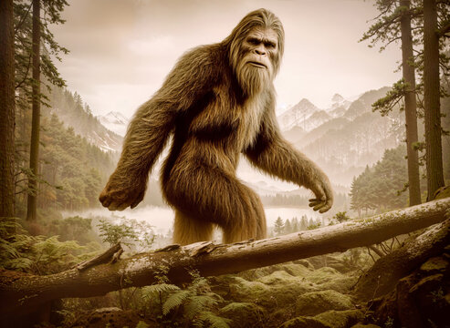 A Bigfoot standing in the middle of a forest in a picture style 19th century.