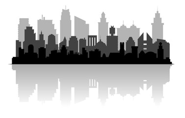 Modern city landscape with skyline silhouettes of skyscrapers and buildings, reflection in water, vector illustration on transparent background