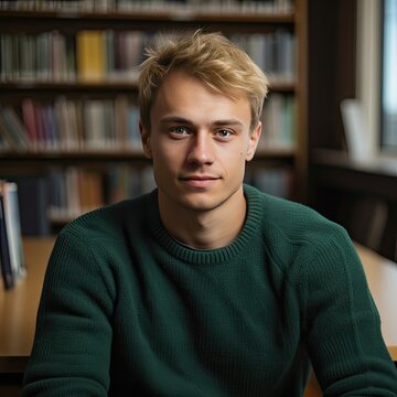 A photograph of a handsome Slavic 26 year old male graduate student with short honey-blond hair and blue eyes sitting in library in front of books 