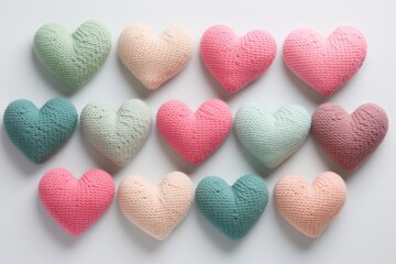 Colorful knitted hearts in pastel colors
