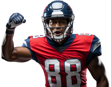An American football player in a blue helmet and red uniform happily raises his fist. Isolated on transparent background	