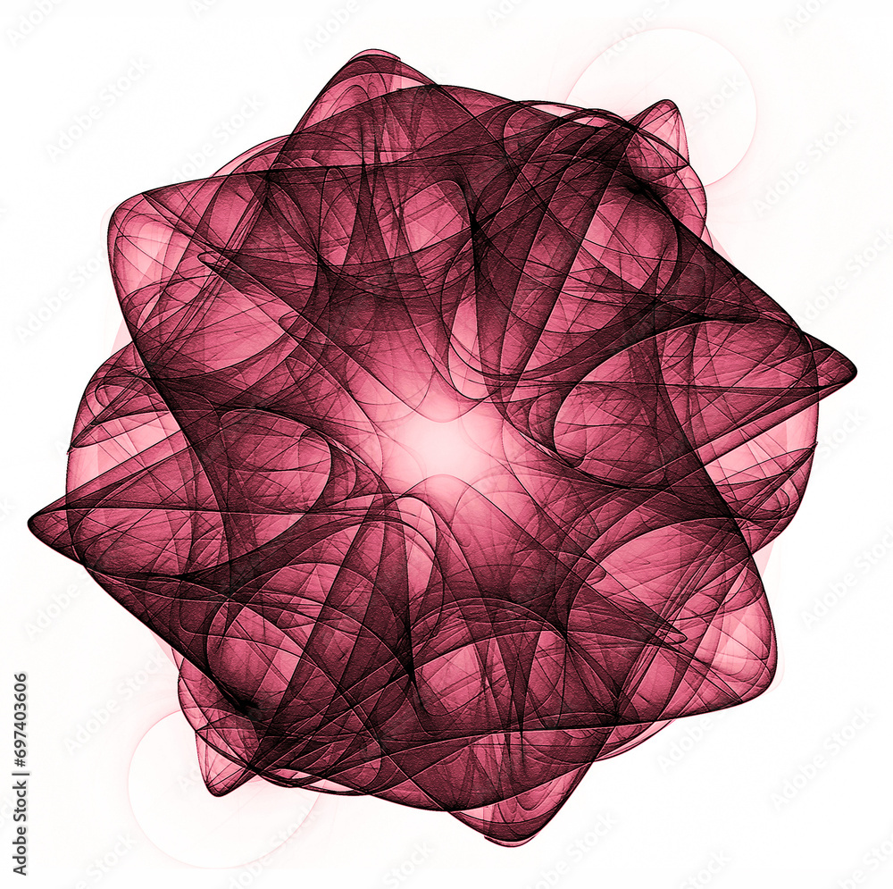 Poster beautifully curved lines overlap and intersect to create a red-brown flower-shaped pattern on a whit