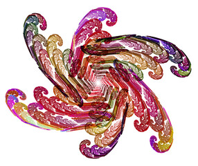 A colorful abstract gear is made up of many spirals. The propeller rotates on a white background. 3D rendering. 3D illustration.