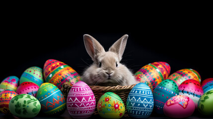 A live Easter bunny in knitted clothes with eggs on a dark background with an empty space for text. Easter banner.