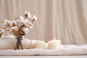 Fototapeta na wymiar Candles and cotton on fabric
