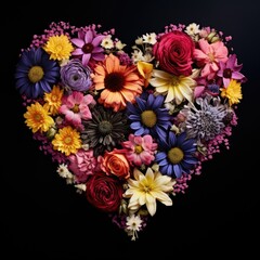 Heart shape made of flowers black background, valentines