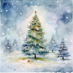 Watercolor christmas tree wih decorations