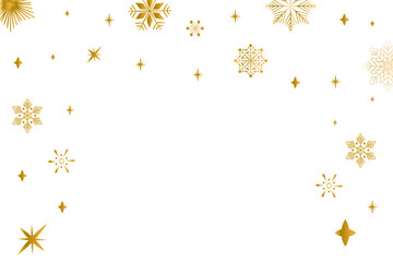 Gold luxury Christmas snowflakes frame garland border. Golden glitter snowflake background and Happy Holiday card. Winter celebration banner. New Year decor