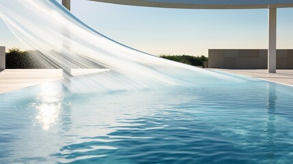 An outdoor pool with a linear design and water spouts creating a rhythmic display - obrazy, fototapety, plakaty