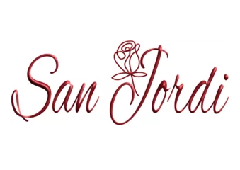 Fotobehang San Jordi -  Valentine's Day, three-dimensional writing, written in Catelan, red color, holiday vector graphics, suitable for greeting card, message, banner, icon  © roberta