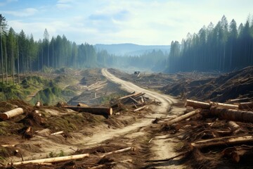 Forest fire in the north of Russia. Fallen trees in the forest.