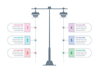 street lamp infographic template. six options infographic template. business, web, magazine, annual report informational template. infographic for the world of science, education
