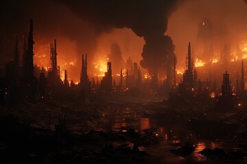 Factory burning at night, environmental disaster concept. 3D rendering.