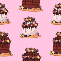 Seamless pattern with cute cake on pink background. Vector cartoon illustration for fabric
