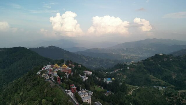 Sunset above valley Buddhist monastery Nepal in the Himalaya mountains