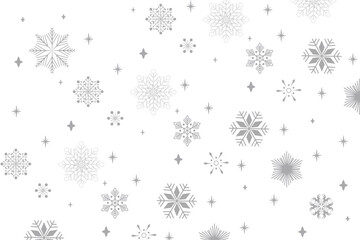 Silver and grey glitter snowflakes border falling on white background. Luxury Christmas garland frame. Winter ornament for packaging, card, banner