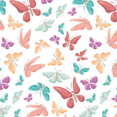 Vintage seamless pattern with watercolor butterflies on white background. There are a lot of butterflies flying.