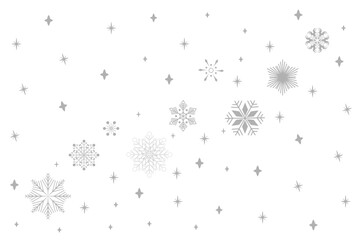 Silver and grey glitter snowflakes border falling on white background. Luxury Christmas garland frame. Winter ornament for packaging, card, banner