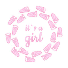 Little pink footprints round frame. Baby shower, gender reveal party, design invitation postcard. It is a girl! Hand drawn watercolor illustration isolated background.